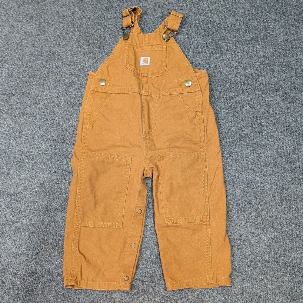Carhartt Kids Brown Canvas Bib Overalls Size 12M Durable Button Snap Leg Overall